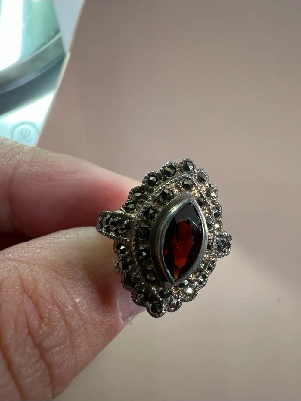 Vintage-Style Women's Marquise Garnet Red Ring in Sterling Silver
